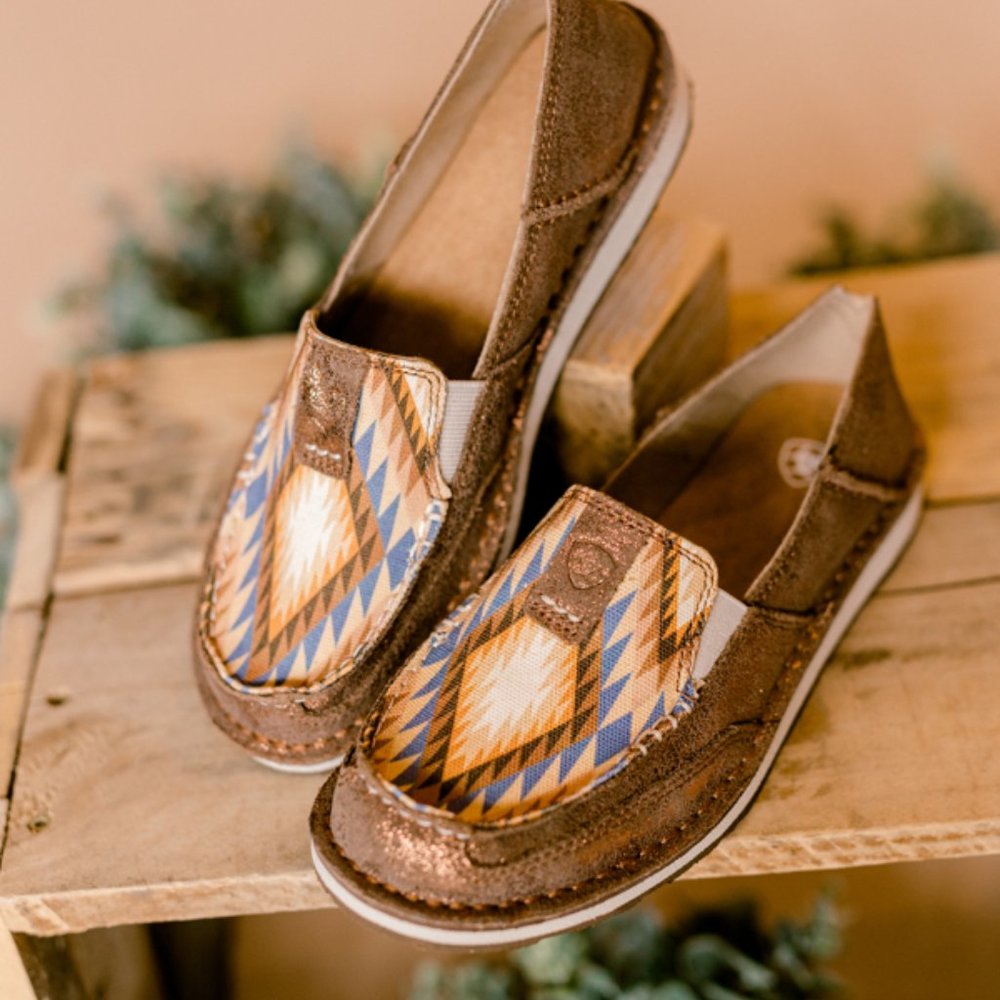 Ariat Brown Flats with Blue and Tan Aztec Print